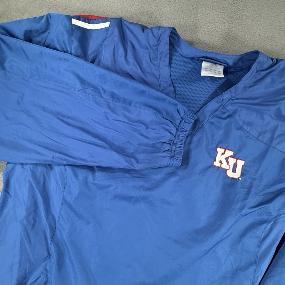 Adidas Kansas Jayhawks Pullover Jacket XL Blue Windbreaker Side Zip V-Neck